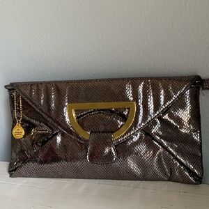 Big Buddha Metallic Gray Reptile Print Clutch With Gold Accents